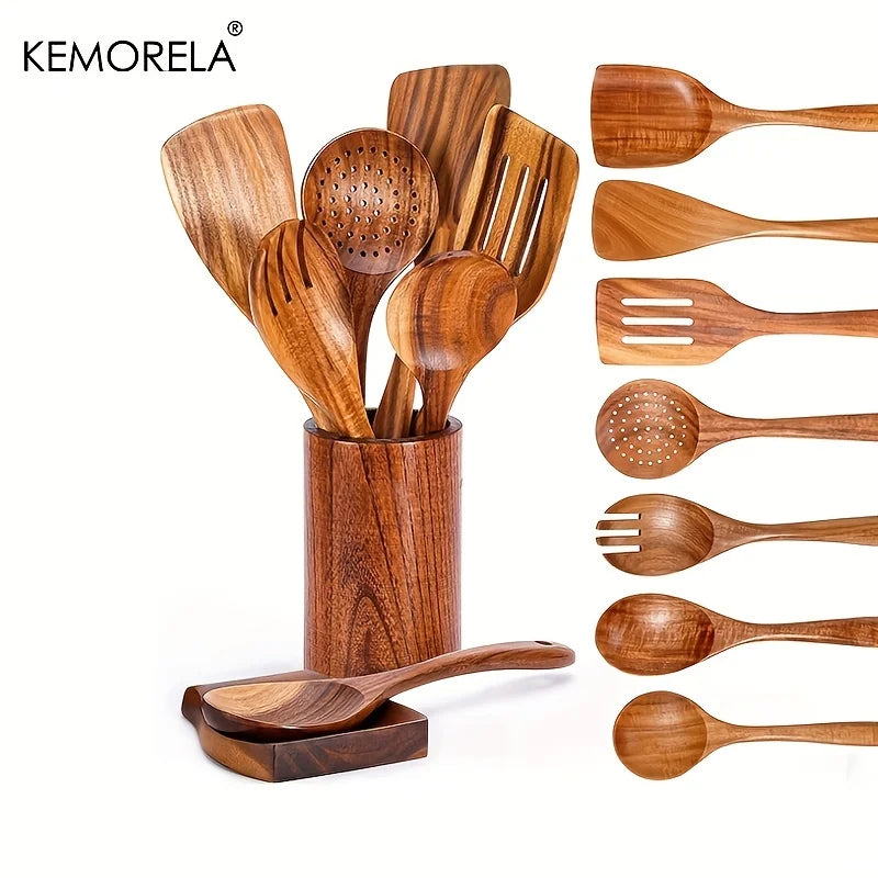 Non-Stick Silicone Cooking Utensils Set with Wooden Handles