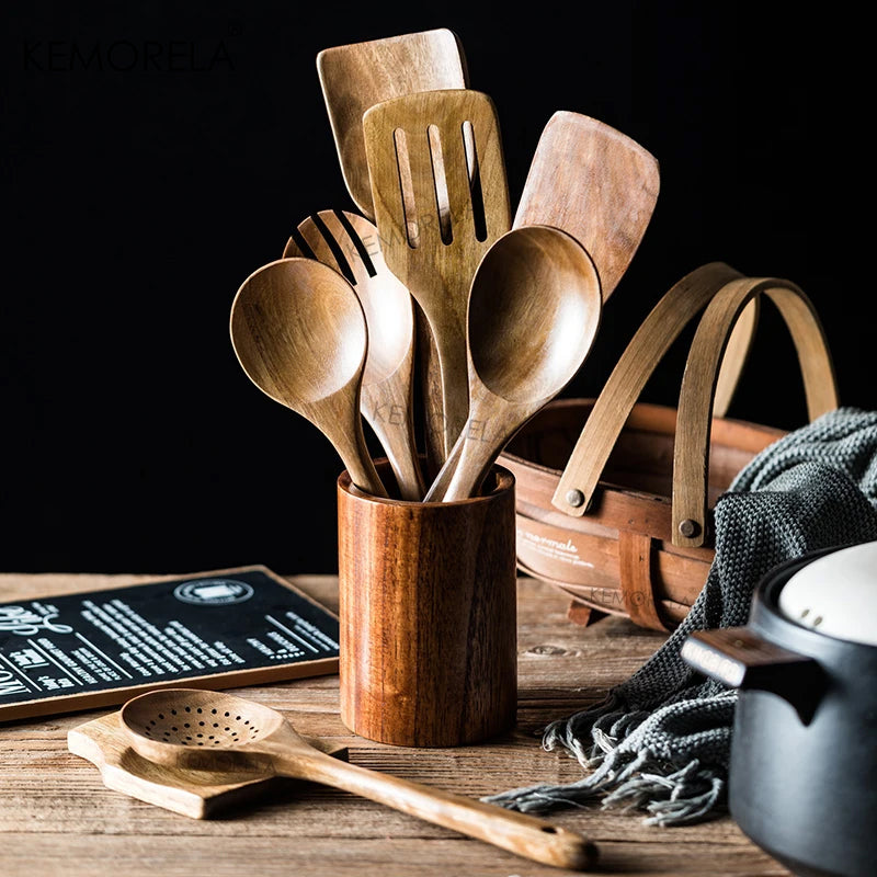 Non-Stick Silicone Cooking Utensils Set with Wooden Handles